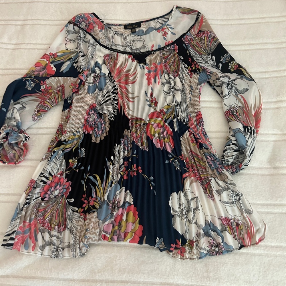 Melissa Paige Pleated White Pink Black Blouse with 3/4 Sleeves SZ L - Picture 12 of 12